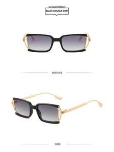 Detailed views of square metal sunglasses with black frames and gold temples