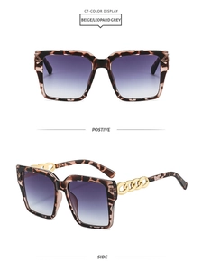 Detail of beige leopard square sunglasses with gold chain temples and purple gradient lenses