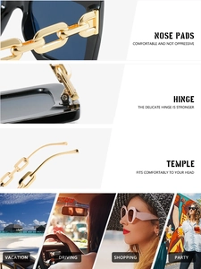 Macro detail of square sunglasses featuring bold gold chain temples and robust metal hinges