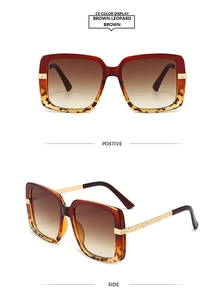 Front and side view of square brown leopard sunglasses with gold metal accents