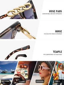 Detail of square sunglasses with tortoise temples, gold chains and reinforced hinges