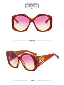 Détails des lunettes de soleil géométriques oversize avec monture brune et plume dorée