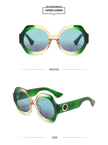 Détails de lunettes de soleil hexagonales dégradé vert champagne avec verres bleus et charnières