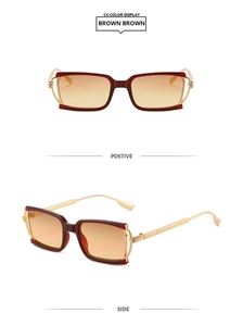 Detail view of square vintage sunglasses with brown gradient lenses and golden metal temples