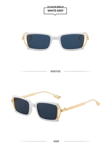 Detail view of square white frame sunglasses with striped gold metal temples in C5 grey