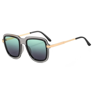 Retro square sunglasses with gradient green lenses and gold metal temples on white background