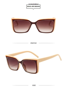 Vue détaillée des lunettes de soleil carrées bicolores beige et rouge brun au style rétro