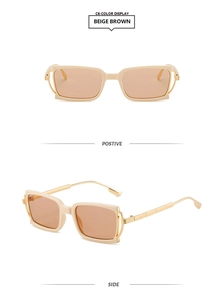 Detail view of beige rectangular sunglasses with textured gold metal temples and brown lenses