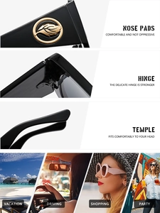 Détails des lunettes de soleil avec feuilles dorées, plaquettes de nez et charnières renforcées