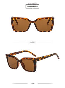 Vue macro des lunettes de soleil carrées léopard avec verres bruns de face et de profil