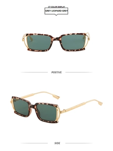 Detail of square leopard print sunglasses with gold metal temples and hollow hinges