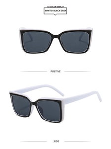 Vues de face et de côté de lunettes de soleil carrées bicolores blanc et noir avec verres gris