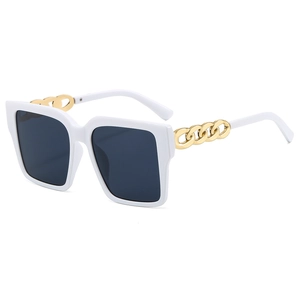 Fashion square white sunglasses with thick frames and oversized gold chain temples