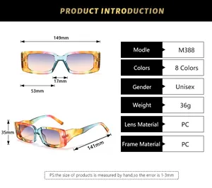 Detailed size chart of square frame sunglasses with PC lens material and dimensions