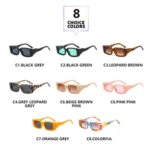 Detailed grid of rectangle frame sunglasses in 8 color choices with various tinted lenses