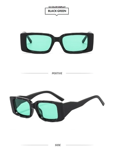 Front and side views of rectangular sunglasses with black frames and green lenses