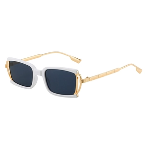 Fashionable square sunglasses with thick white frames and gold textured metal temples