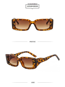 Detailed views of leopard brown square frame sunglasses with gradient brown lenses