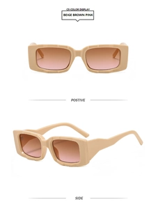 Detail of beige rectangular sunglasses with brown gradient lenses and wavy temple design