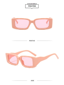 Front and side views of chunky rectangular pink sunglasses with matching tinted lenses