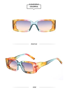 Detail of square sunglasses with colorful marble texture frame and gradient lenses