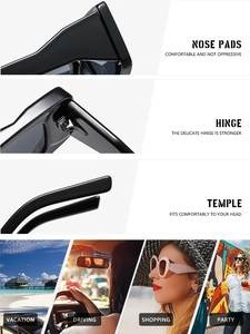 Detail of integrated nose pads, metal hinges, and ergonomic temples of square sunglasses
