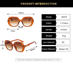Detailed size specifications and parameter table for orange gradient lens sunglasses
