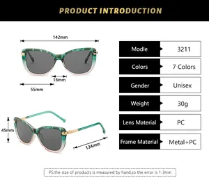 Detailed size chart for cat-eye sunglasses showing 142mm width and metal frame specs