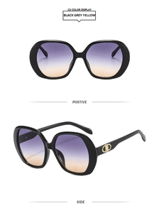 Detailed front and side views of black frame sunglasses with gold temple logo and gradient lenses