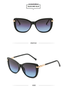 Detail of cat eye sunglasses with blue gradient lenses and gold hinge accents