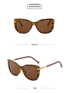 Detailed front and side view of cat eye leopard brown sunglasses with gold metal accents