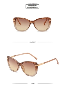 Detailed front and side views of champagne leopard cat-eye sunglasses with gradient lenses