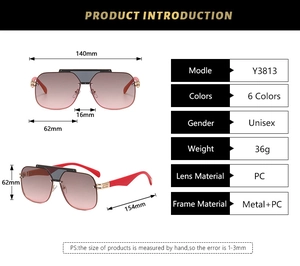 Detailed size chart for Y3813 oversized gradient sunglasses with bicolor temples