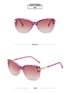 Detailed view of purple leopard cat eye sunglasses with metal hinges and red gradient lenses
