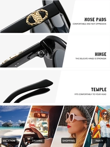 Detail view of black frame sunglasses with gold temple decor and nose pads