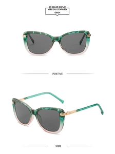 Detail view of cat eye sunglasses in green leopard print with polished grey lenses