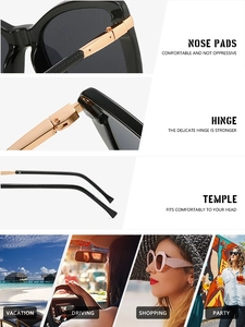 Detailed views of cat-eye sunglasses nose pads, sturdy hinges and comfortable temples