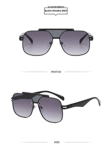 Front and side views of oversized black square sunglasses with grey gradient lenses