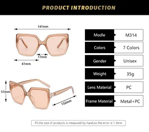 Detailed size chart for oversized cat-eye sunglasses with frame and lens measurements