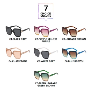 Detail view of seven fashionable color options for oversized cat-eye square sunglasses