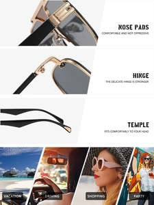 Detail view of gold metal sunglasses showing reinforced hinges and lifestyle usage