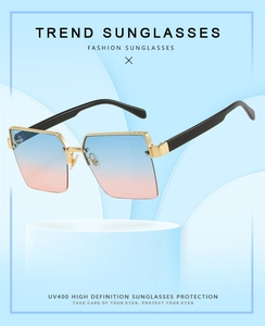 Detail of square semi-rimless sunglasses with blue-pink gradient lenses and gold metal bridge