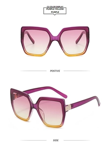 Detail of square cat-eye sunglasses with gradient lenses and rhinestone-encrusted hinges