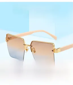 Detail of square gradient lenses and gold metal semi-rimless frame with textured edge