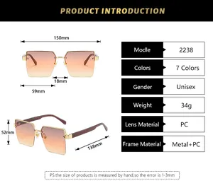 Detailed size chart for square semi-rimless sunglasses showing frame and lens dimensions