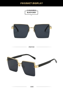 Detail view showing front and side of fashion half-rim square sunglasses with black grey lenses