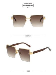 Detail view of square gradient brown sunglasses with gold metal hinges and side temples