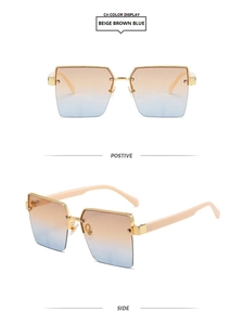 Front and side view of semi-rimless square sunglasses with orange-blue gradient lenses