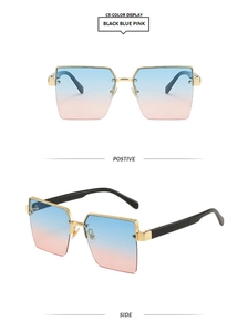 Close-up of semi-rimless square sunglasses with blue to pink gradient lenses and metal hinges