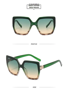 Detailed views of green leopard square sunglasses with rhinestone hinge and gradient lenses